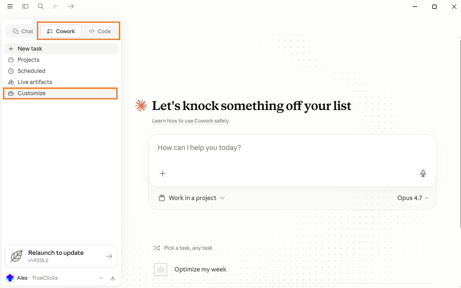 Switch to Cowork or Code tab and click Customize