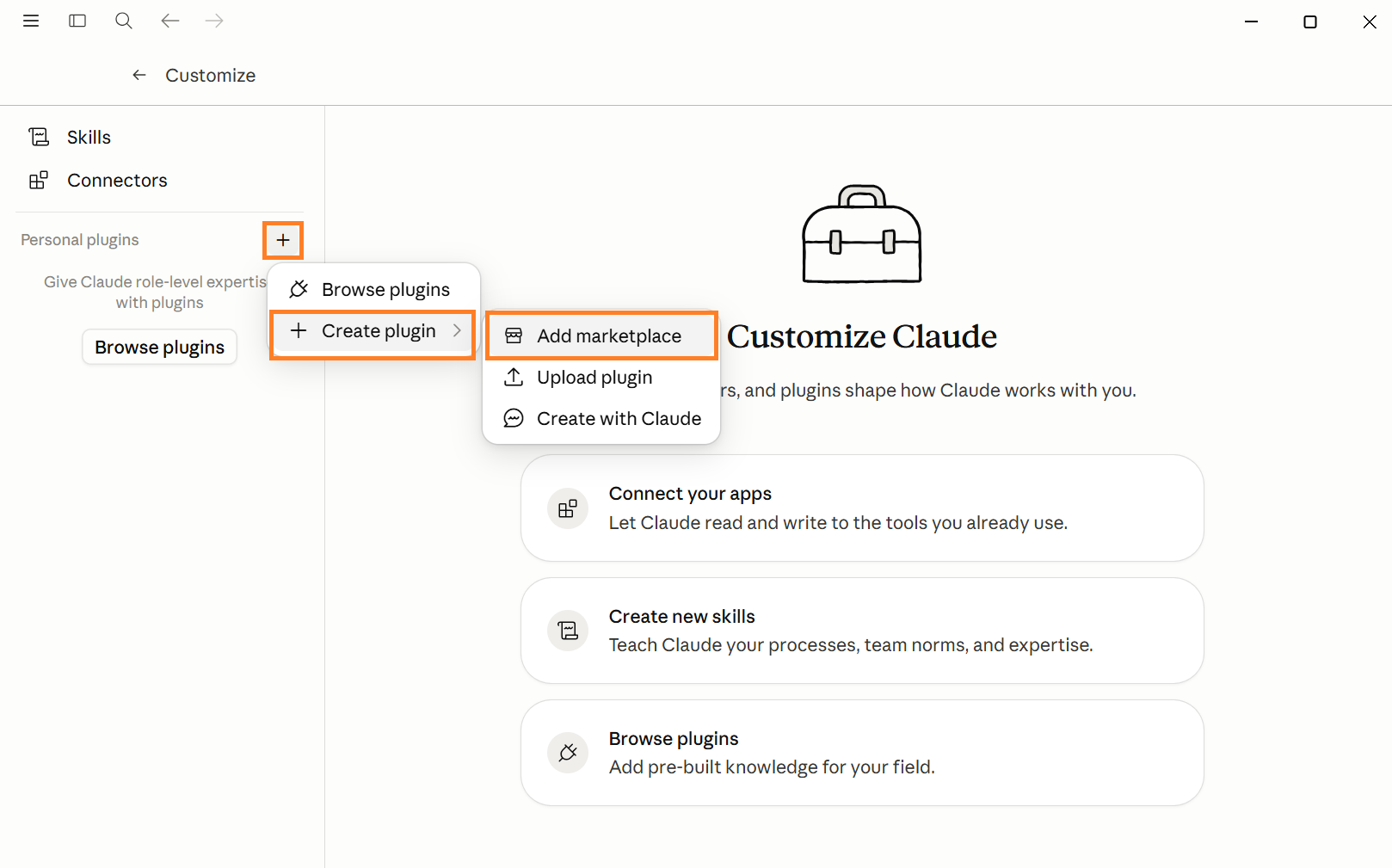 Click + next to Personal plugins, then Create plugin and Add marketplace