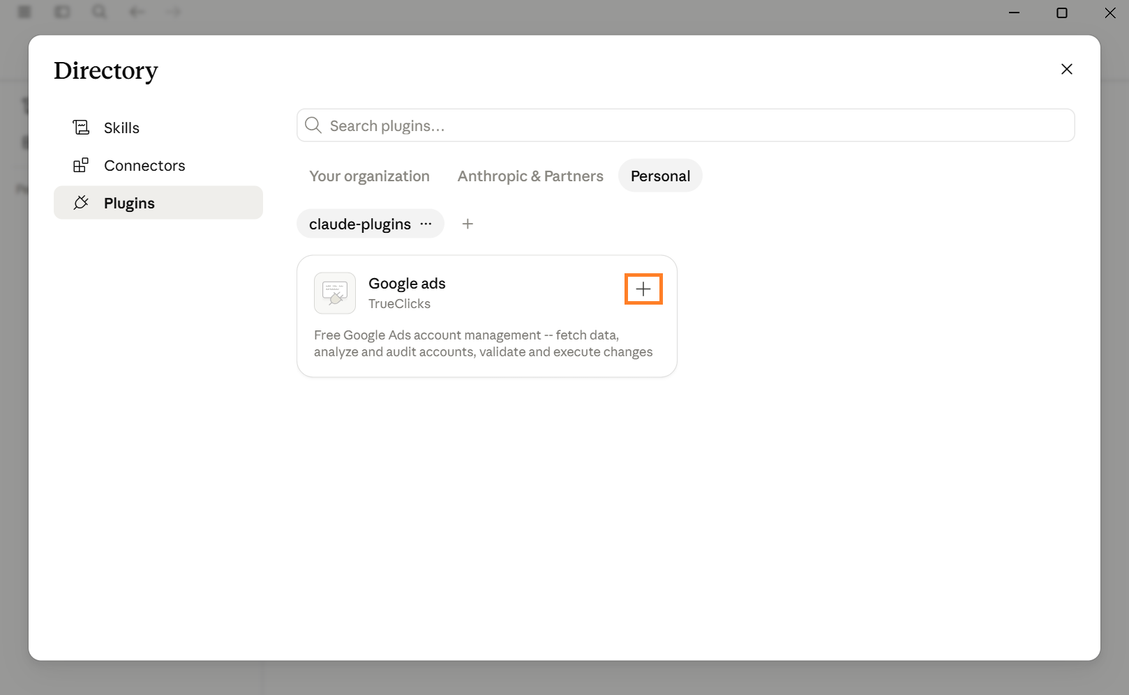 Click + on the Google Ads plugin card to install